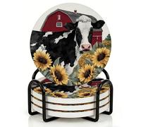 Horienteeon 4Pcs Drink Coasters with Metal Holder, 10.3cm Non-Slip Table Ceramic Coasters with Cork Base, Black White Cow Sunflowers Decor Coaster Set for Mug Cup Table Farmhouse Rustic Decor