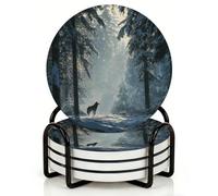 Horienteeon 4Pcs Drink Coasters with Metal Holder, 10.3cm Non-Slip Table Ceramic Coasters with Cork Base, Wolf in Snowy Forest Coaster Set for Mug Cup Table Cabin & Wildlife Home Decor