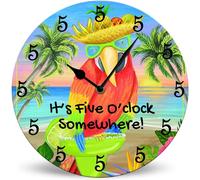 Horienteeon 5 O'Clock Somewhere Wall Clocks Silent Non-Ticking Battery Operated Clock 25cm, Round Beach House Gifts Wood Wall Clock for Bathroom Decorative for Living Room, Kitchen, Office