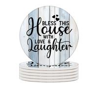 Horienteeon 6 Pack Bless This House with Love and Laughter Coasters Drink Coasters with Metal Holder Absorbent 10cm Round Ceramic Stone Mat Coaster Non-Slip Cork Back for Christian Gifts