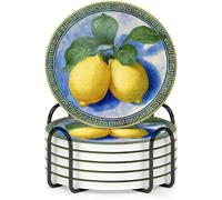 Horienteeon 6Pcs Drink Coasters with Metal Holder, 10.3cm Ceramic Coasters with Cork Base, Greek Key Lemon Decoration Coaster Set for Mediterranean Kitchen & Summer Home Decor