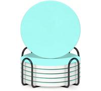 Horienteeon 6Pcs Drink Coasters with Metal Holder, 10.3cm Non-Slip Table Ceramic Coasters with Cork Base, Solid Turquoise Coaster Set for Mug Cup Table Minimalist Coastal Home Decor
