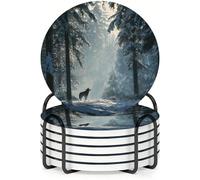 Horienteeon 6Pcs Drink Coasters with Metal Holder, 10.3cm Non-Slip Table Ceramic Coasters with Cork Base, Wolf in Snowy Forest Coaster Set for Mug Cup Table Cabin & Wildlife Home Decor