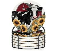 Horienteeon 6Pcs Drink Coasters with Metal Holder, 10.3cm Non-Slip Table Ceramic Coasters with Cork Base, Black White Cow Sunflowers Decor Coaster Set for Mug Cup Table Farmhouse Rustic Decor