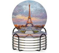 Horienteeon 6Pcs Drink Coasters with Metal Holder, 10.3cm Non-Slip Table Ceramic Coasters with Cork Base, Eiffel Tower Sunset Coaster Set for Mug Cup Table Paris Lover & Romantic Home Decor