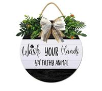 Horienteeon Bathroom Front Door Sign Wash Your Hand,Ya' Filthy Animal Hanging Wall Plaque Rustic Round Wooden Wreath,Farmhouse Home Accent For All The Seasons Round 12"