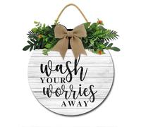 Horienteeon Bathroom Funny Signs Wash Your Worries Away Bathroom Door Toilet Restroom Home Wall Decor,Rustic Bathroom Sign Hanger Decor Round 12 Inch