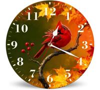 Horienteeon Bathroom Wall Clock 25cm Rustic Wall Clocks Battery Operated, Silent Non Ticking Wooden Autumn Maple Leaf Cardinals Thanksgiving Wall Clock for Kitchen, Living Room, Bedroom