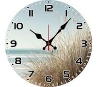 Horienteeon Beach Wall Clock Wild Grass 25cm Round Wooden Battery Operated Non Ticking Silent Quartz Analog Powered Clocks for Home Kitchen Living Room Bathroom