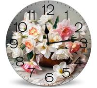 Horienteeon Beautiful Flowers Spring Wall Clock Silent Non-Ticking Battery Operated 25cm, Round Flower Wooden Wall Clocks Battery Operated Living Room Bedroom Kitchen Farmhouse Decor