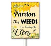 Horienteeon Bee Sign Pardon The Weeds I'm Feeding The Bees Signs Bee Yard Sign with Stakes 11.5×15cm, Pollinator Garden Sign Bee Decorations,Sturdy Aluminum Lawn Signs, Honey Bee Decor Gifts