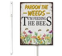 Horienteeon Bee Sign Pardon The Weeds I'm Feeding The Bees Signs Yard Sign with Stakes 20×30cm, Sturdy Aluminum Yard Signs, Save The Bees Sign, Pollinator Garden Sign, Honey Bee Gifts