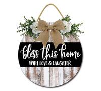 Horienteeon Bless This Home with Love and Laughter Sign Bible Verse Wall Art Christian Wall Decor 30cm Round Wooden Wreaths Religious Art for Living Room Home