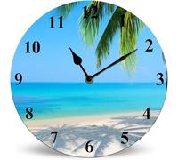 Horienteeon Blue Tropical Beach Wooden Wall Clock 25cm Silent Non-Ticking Battery Operated Wall Clock, Summer Decorative Battery Operated Wall Clocks for Bedroom, Bathroom, Kitchen, Living Room
