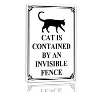 Horienteeon Cat Is Contained By An Invisible Fence Aluminium Sign (White) 14x20cm, Sturdy Aluminum Metal Signs, Beware of Cat Signs for Home, Cats House Sign Decorations, Pets Safety Supply