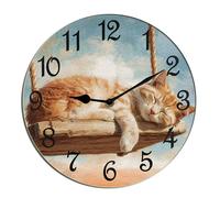 Horienteeon Cat Wall Clock Cat On The Swing Summer Beach Wooden Painted Silent Non-Ticking Round Clock For Garage Basement Restaurant Workshop Wall Hanging Desk Art Round 10"