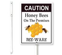 Horienteeon Caution - Honey Bees On The Paremises Bee Ware Yard Sign with Stakes 17.5×22cm, Sturdy Aluminum Yard Signs Rust Free, Bee Warning Sign, Beekeeping Apiary Theme Shed Garden Decor