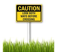 Horienteeon Caution Look Both Ways Before Crossing Yard Sign with Stake 20x30cm Rectangle Sturdy Aluminum Signs Rust Free Outdoor Decorations for Yard Home Lawn Easy Installation