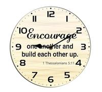 Horienteeon Christian Wall Clock Encourage One Another And Build Each Other Up Religious Bible Verse Jesus Inspirational Quote Scripture Wooden Silent Non Ticking For Bedroom Living Room Round 10"