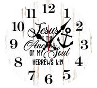 Horienteeon Christian Wall Clock Jesus Is The Anchor of My Soul Sign 30cm Round Wooden No Cover Battery Operated Silent Non-Ticking Farmhouse Wall Clocks for Kitchen Living Room Bedroom Decor