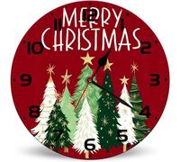 Horienteeon Christmas Tree Red Wall Clocks Silent Non-Ticking Battery Operated Clock 25cm, Merry Christmas Rustic Wooden Wall Clock Farmhouse Decor for Kitchen Bedroom Office
