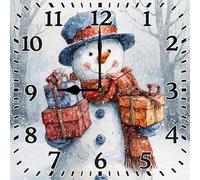 Horienteeon Christmas Wall Decor Snowman Wall Clock 25cm Silent Non-Ticking Farmhouse Wall Clocks Battery Operated Wooden Square Clock for Living Room Kitchen Bedroom Home Decor