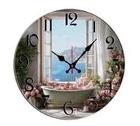 Horienteeon Coast Bath*Tub Peonies Wall Clock Coastal Bathroom Wooden Decorative For Kitchen Bathroom Silent Non Ticking Decorative Clock Battery Operated Home Office Living Room Decor Round 12"