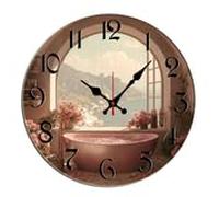 Horienteeon Coast Bath*Tub Peonies Wall Clock Coastal Bathroom Wooden Decorative Silent Non Ticking Battery Operated Rustic Kitchen Clocks Decorative For Living Room Bedroom Office Round 10"