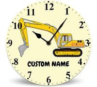 Horienteeon Construction Excavator Wall Clocks Battery Operated 25cm, Engineering Vehicle Clocks Decorative, Silent Kids Wall Clock with Name Custom Kids Birthday Gifts Children Room Decor