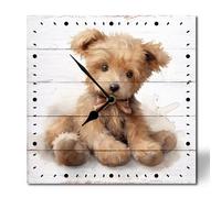 Horienteeon Cute Baby Dog Battery Operated Square Wooden Silent Non Ticking Wall Clock 25cm, Rustic Farmhouse Square Wall Clocks for Home Bedroom, Bathroom, Living Room, Office, Office