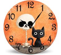 Horienteeon Cute Black Cat Skull Wall Clocks Silent Non-Ticking Battery Operated Clock 25cm, Halloween Wall Clock Rustic Wooden Farmhouse Decor for Kitchen Living Room Bedroom Office