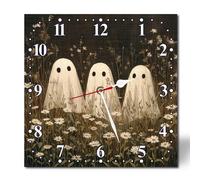 Horienteeon Cute Ghosts at Wildflower Meadow Wall Clock 25cm, Square Silent Non-Ticking Home Classroom Decor, Happy Halloween Wall Clocks Battery Operated for Living Room Bedroom Kitchen