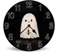 Horienteeon Cute Halloween Ghost Wood Clock 25cm Battery Operated Non-Ticking Wall Clock, Round Farmhouse Halloween Wall Clocks for Home Decor Living Room Kitchen Office