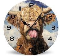 Horienteeon Cute Highland Cow Wooden Wall Clock 25cm Silent Non-Ticking Battery Operated Wall Clocks, Rustic Farmhouse Decor Wall Clock for Living Room, Kitchen, Home,Bathroom, Bedroom, School