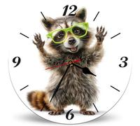 Horienteeon Cute Little Raccoon Battery Operated Round Wood Silent Non Ticking Wall Clock 25cm, Animal Portraits Battery Operated Wall Clocks for Country Bathroom Decor, Rustic Kitchen Wall Clock