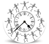 Horienteeon Cute Twelve Skeletons Wooden Clock 25cm Silent Non-Ticking Battery Operated Wall Clock, Retro Wooden Halloween Clocks for Living Room, Kitchen, Bathroom, Bedroom, Laundry Room
