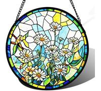 Horienteeon Daisy Stained Glass Window Hanging Spring Summer Daisy Floral Suncatcher Stained Glass Sun Catcher Ornament Garden Wall Fence Decorations Indoor Outdoor Housewarming Gift Round 8"