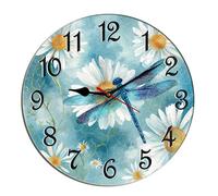 Horienteeon Dragonfly Daisy Wall Clock Spring Floral Wooden Xmas Silent Non Ticking Battery Operated Wood Clock For Bedroom Bathroom Living Room Office School Kitchen Round 10"