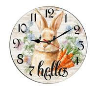 Horienteeon Easter Bunny Wall Clock Rabbit Carrot Religious Jesus Wooden Silent Non-Ticking Desk Clock Decorative For Living Room Home Office School Kitchen Wall Decoration Round 10"
