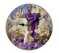 Horienteeon Easter He Is Risen Wall Clock Jesus Cross Lamb Religious Wooden Silent Non Ticking Battery Operated Rustic Farmhouse Kitchen Clocks Decorative For Living Room Bedroom Office Round 10"