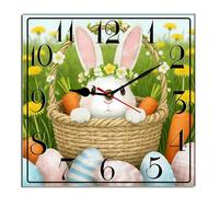 Horienteeon Easter Wall Clock Easter Bunny Rabbit Eggs Wooden Religious Jesus Non Ticking Silent Quartz Bedroom Living Room Office Gym Bathroom Patio Decor Decorative Clocks Square 10"