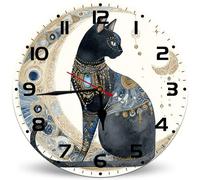 Horienteeon Egyptian Style Black Cat Moon Battery Operated Round Wood Silent Non Ticking Wall Clock 25cm, Rustic Cat Lover Wall Clock for Living Room, Kitchen, Bathroom, Bedroom, Laundry Room