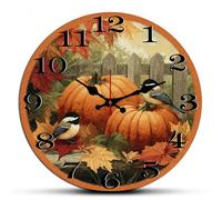 Horienteeon Fall Birds Pumpkin Wall Clock Autumn Thanksgiving Harvest Wooden Decorative For Bathroom Silent Non Ticking Clock Battery Operated Home Office Living Room Decor Round 12"
