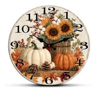 Horienteeon Fall Pumpkin Harvest Wall Clock Autumn Thanksgiving Wooden Decorative Decorative Wooden Battery Operated Quartz Silent Hanging Clock For Bedroom Living Room Coffee Bar Round 10"
