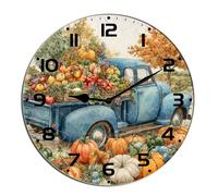 Horienteeon Fall Pumpkin Harvest Wall Clock Old Truck Pumpkin Patch Wooden Decorative Wooden Battery Operated Quartz Silent Hanging Clock For Bedroom Living Room Kitchen Coffee Bar Round 10"