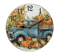 Horienteeon Fall Pumpkin Harvest Wall Clock Old Truck Pumpkin Patch Wooden Decorative Wooden Battery Operated Quartz Silent Hanging Clock For Bedroom Living Room Kitchen Coffee Bar Round 10"