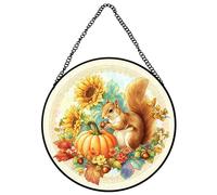 Horienteeon Fall Pumpkins Stained Glass Window Squirrel Pumpkins Harvest Suncatcher For Door Home Decor Desk Decorations Gifts For Women Christmas, Festival Party Autumn Round 8"