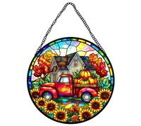 Horienteeon Fall Pumpkins Sunflowers Stained Glass Window Thanksgiving Harvest Sun Catcher For Window Home Decor Suncatcher Mother's Day Birthday Gifts For Women Men Mom Autumn Round 10"