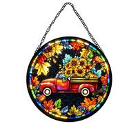 Horienteeon Fall Pumpkins Sunflowers Stained Glass Window Thanksgiving Harvest Suncatcher Stained Glass Window Sun Catcher Ornament Garden Wall Fence Decorations Indoor Outdoor Autumn Round 8"