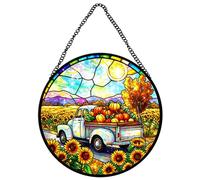 Horienteeon Fall Pumpkins Sunflowers Stained Glass Window Thanksgiving Harvest Suncatcher Window Decor Stained Glass Sun Catcher Wall Art Gift Idea & Garden Ornament Autumn Round 10"